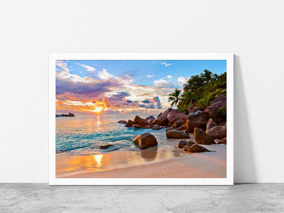 Seychelles Beach At Sunset Glass Framed Wall Art, Ready to Hang Quality Print Without White Border White