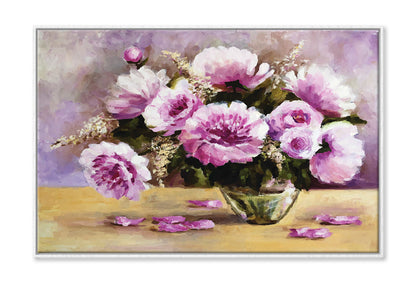 Flower Vase & Flower Petals Lay On The Table Oil Painting Limited Edition High Quality Print Canvas Box Framed White