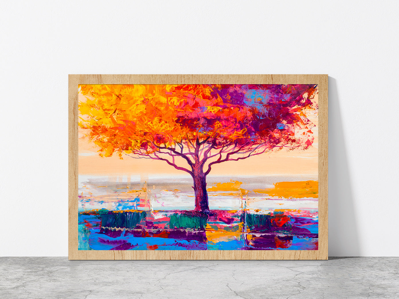 Orange Red Leaves With Large Tree Glass Framed Wall Art, Ready to Hang Quality Print Without White Border Oak