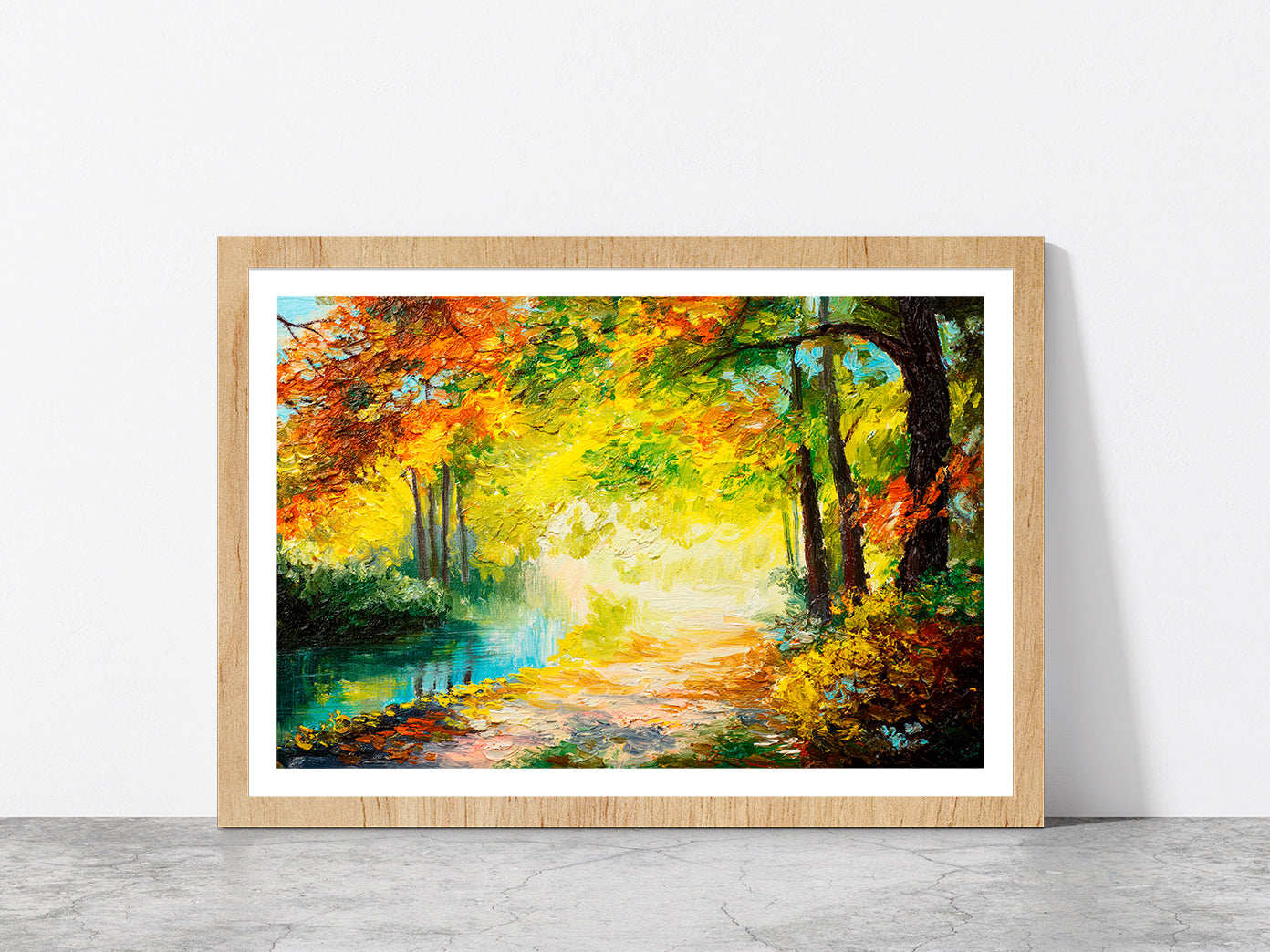 River In A Autumn Colorful Forest Glass Framed Wall Art, Ready to Hang Quality Print With White Border Oak