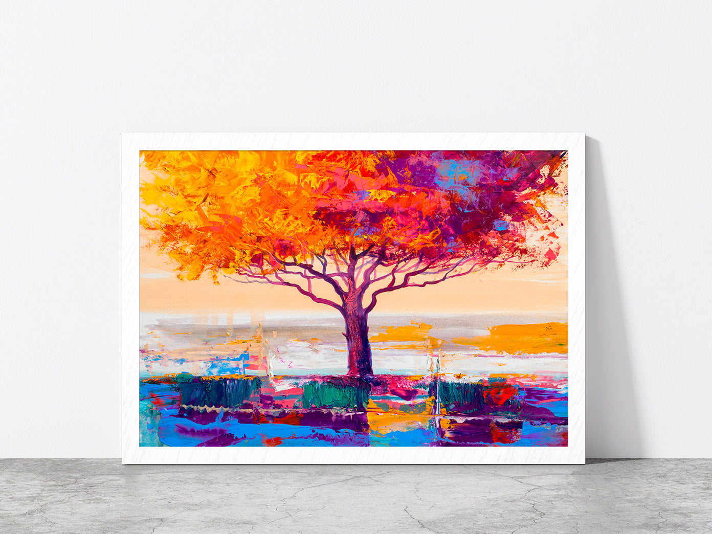 Orange Red Leaves With Large Tree Glass Framed Wall Art, Ready to Hang Quality Print Without White Border White