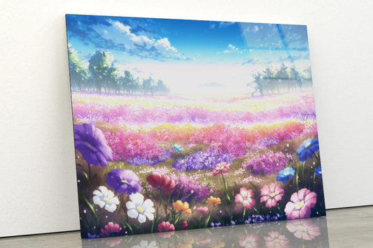 A Field of Purple & Violet Flowers under a Sky Acrylic Glass Print Tempered Glass Wall Art 100% Made in Australia Ready to Hang