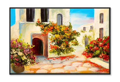 Flower Plants near House & Blue Sky Oil Painting Wall Art Limited Edition High Quality Print Canvas Box Framed Black