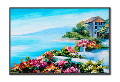 House Near The Sea, Sea Coast Oil Painting Limited Edition High Quality Print Canvas Box Framed Black