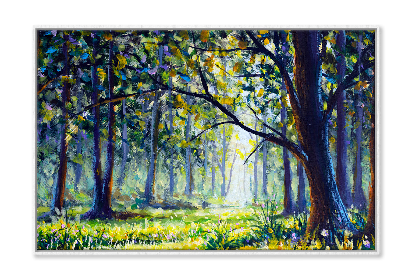 Sun Forest Green Trees Watercolor Painting Wall Art Limited Edition High Quality Print Canvas Box Framed White