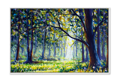 Sun Forest Green Trees Watercolor Painting Wall Art Limited Edition High Quality Print Canvas Box Framed White