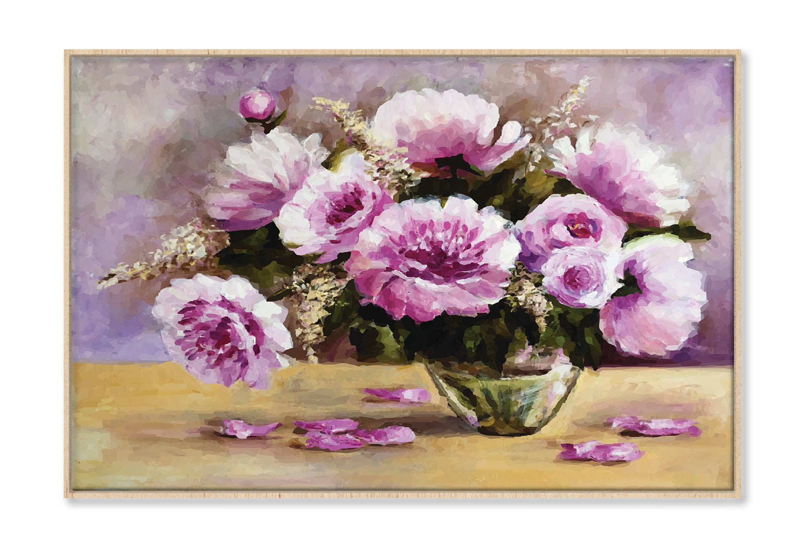 Flower Vase & Flower Petals Lay On The Table Oil Painting Limited Edition High Quality Print Canvas Box Framed Natural