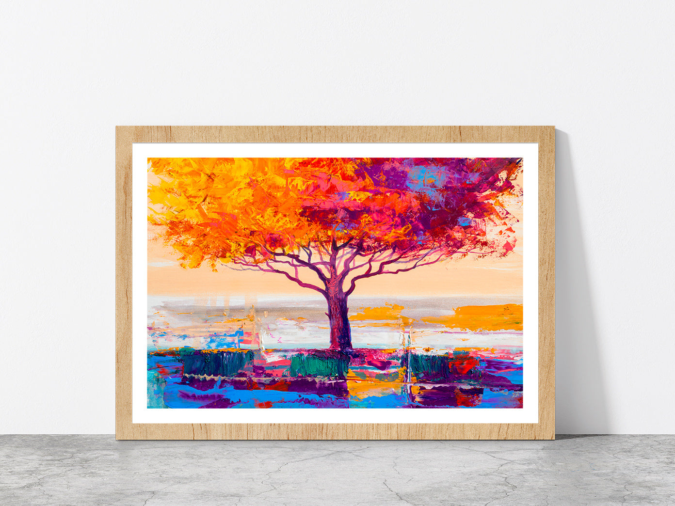 Orange Red Leaves With Large Tree Glass Framed Wall Art, Ready to Hang Quality Print With White Border Oak