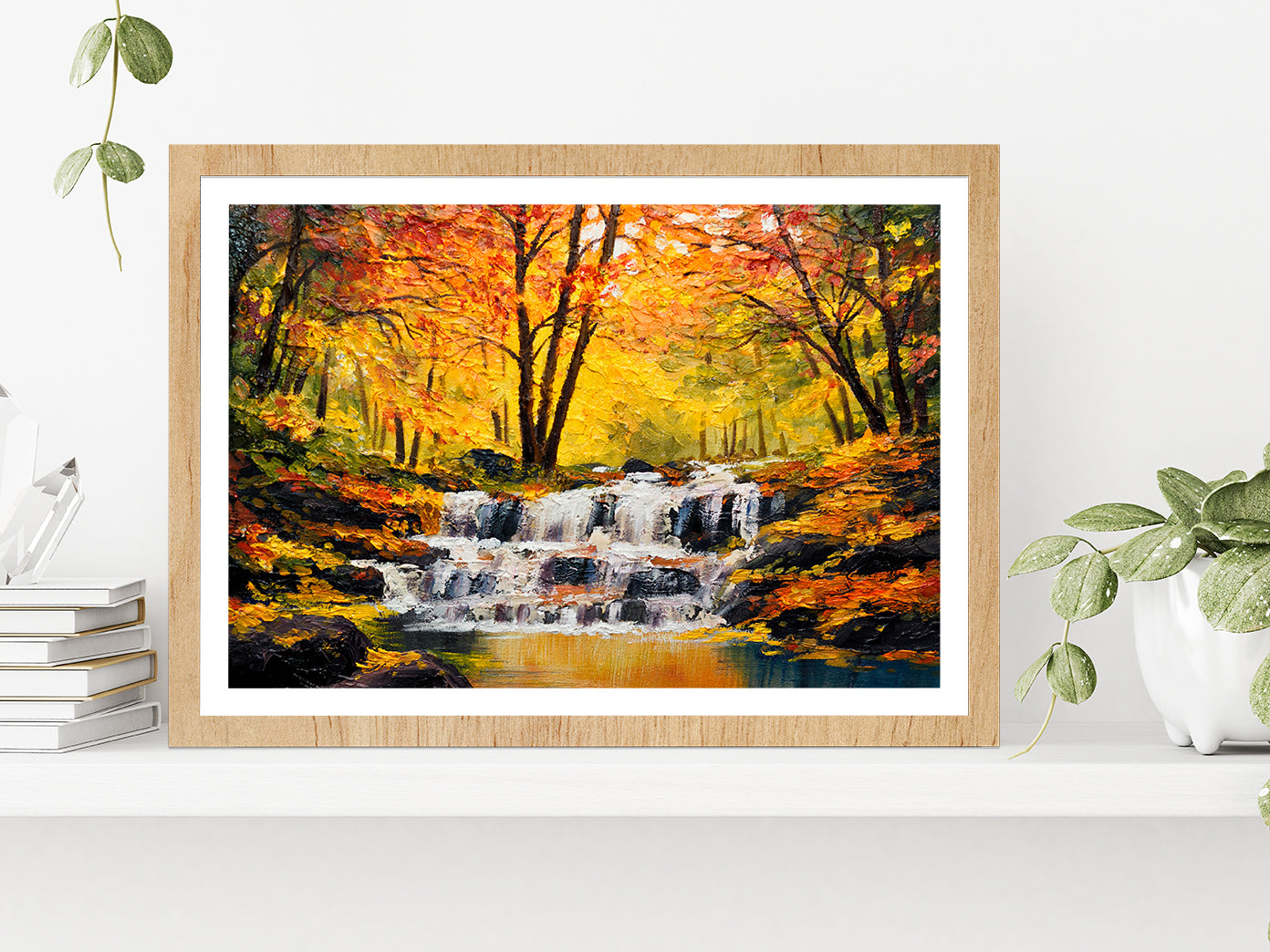 Autumn Forest With A Lake Painting Glass Framed Wall Art, Ready to Hang Quality Print With White Border Oak