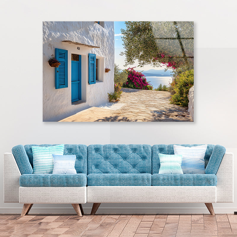 White Building with Blue Shutters Acrylic Glass Print Tempered Glass Wall Art 100% Made in Australia Ready to Hang