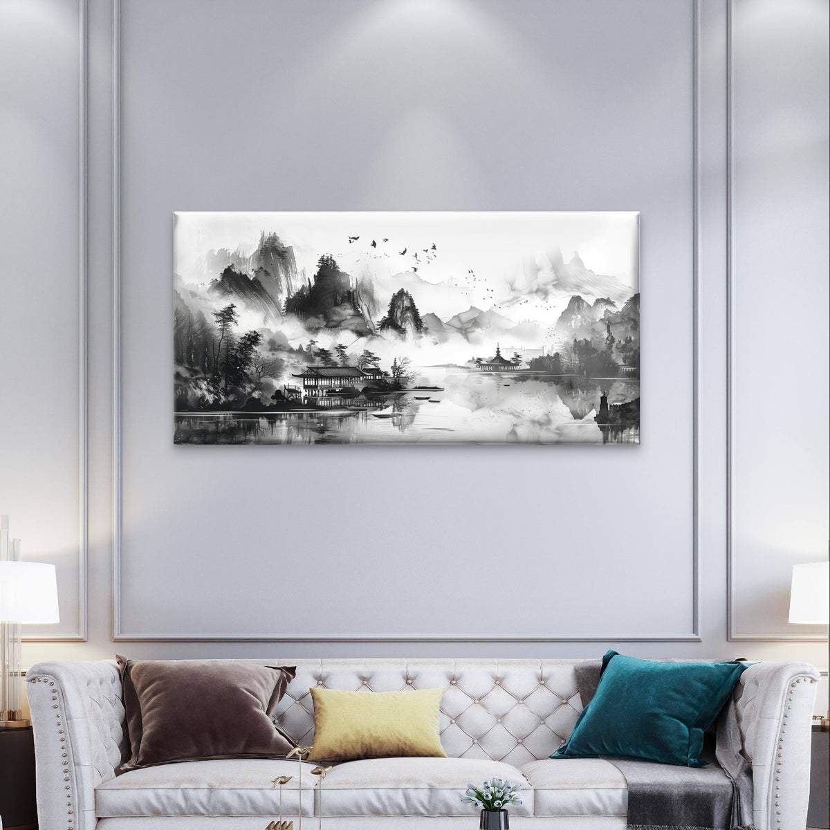 Traditional Japanese Ink Wash Temple Painting Wall Art Canvas Office Home Framed 120x60cm