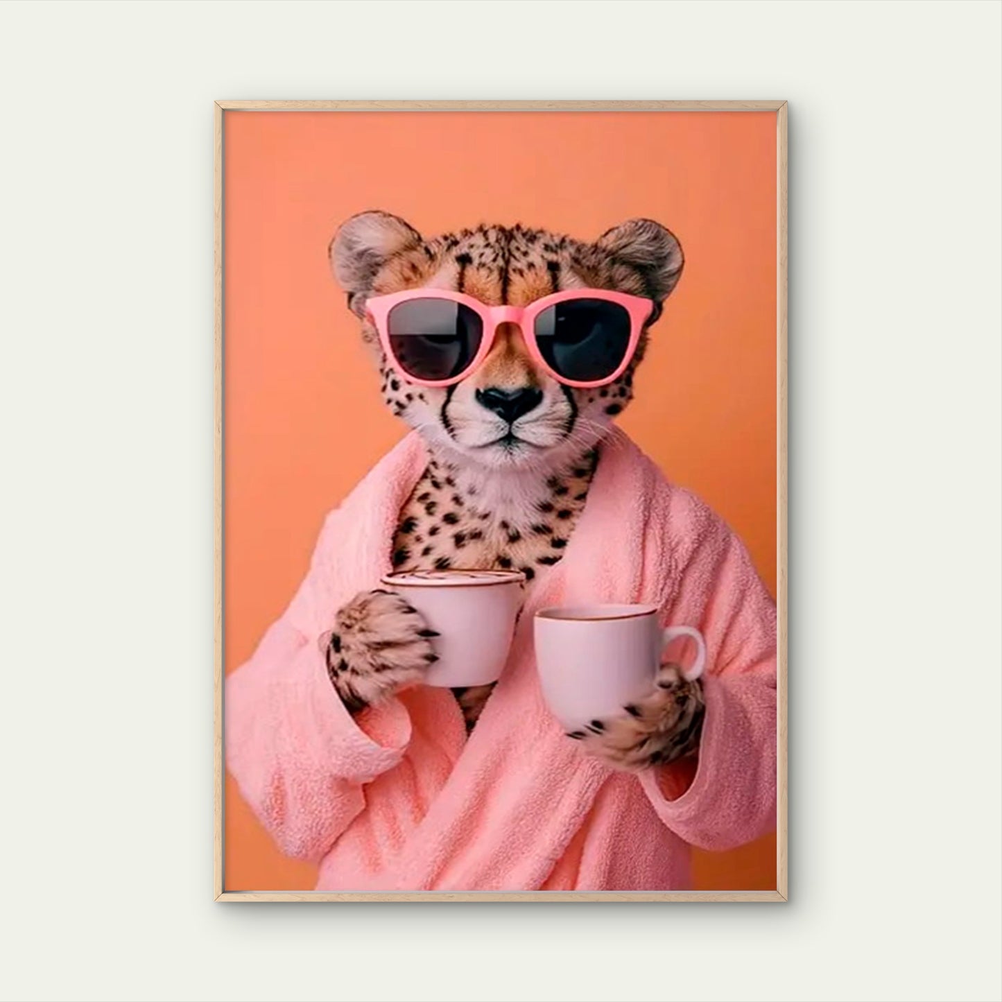 Modern Elegant Cheetah with Pink Glasses & Coffee Cup Fashion Home Decor Premium Quality Poster Print Choose Your Sizes