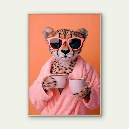 Modern Elegant Cheetah with Pink Glasses & Coffee Cup Fashion Home Decor Premium Quality Poster Print Choose Your Sizes