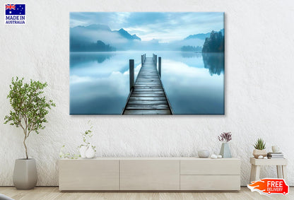 Dock On a Lake with Mountains in The Background Wall Art Decor 100% Australian Made