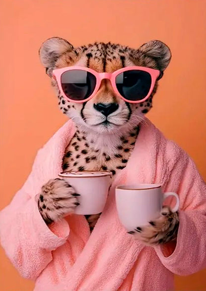 Modern Elegant Cheetah with Pink Glasses & Coffee Cup Fashion Home Decor Premium Quality Poster Print Choose Your Sizes