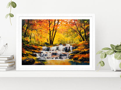 Autumn Forest With A Lake Painting Glass Framed Wall Art, Ready to Hang Quality Print With White Border White