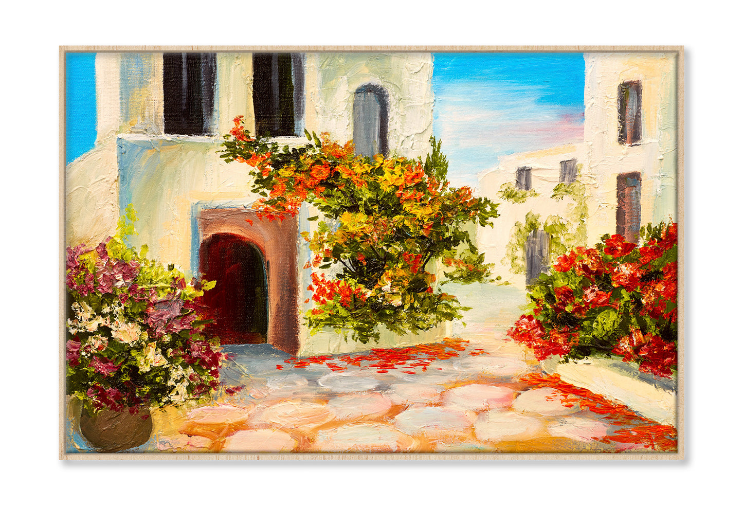 Flower Plants near House & Blue Sky Oil Painting Wall Art Limited Edition High Quality Print Canvas Box Framed Natural