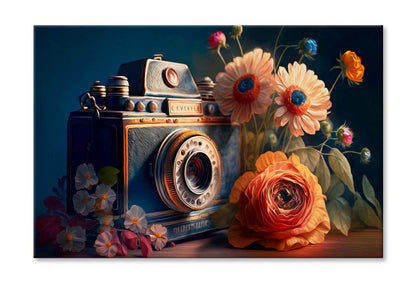 Retro Photo Camera & Fresh Flowers Wall Art Limited Edition High Quality Print