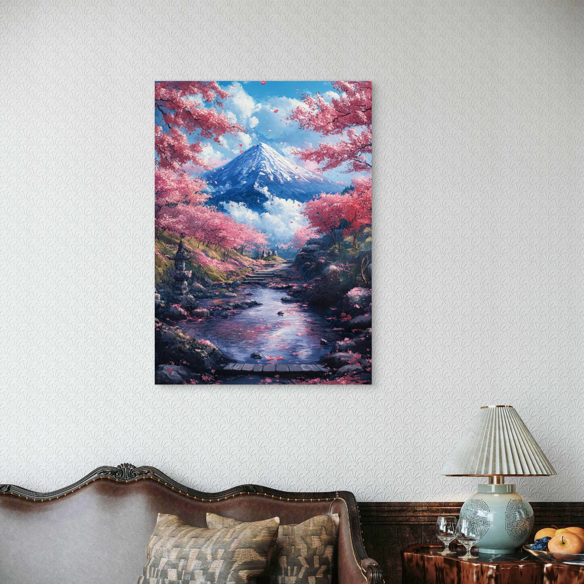 Fuji Mountain Pink Cherry Blossom Path 40x60cm Metal Print Ready to Hang