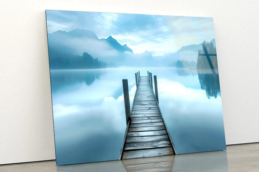 Dock On a Lake with Mountains in The Background  Acrylic Glass Print Tempered Glass Wall Art 100% Made in Australia Ready to Hang