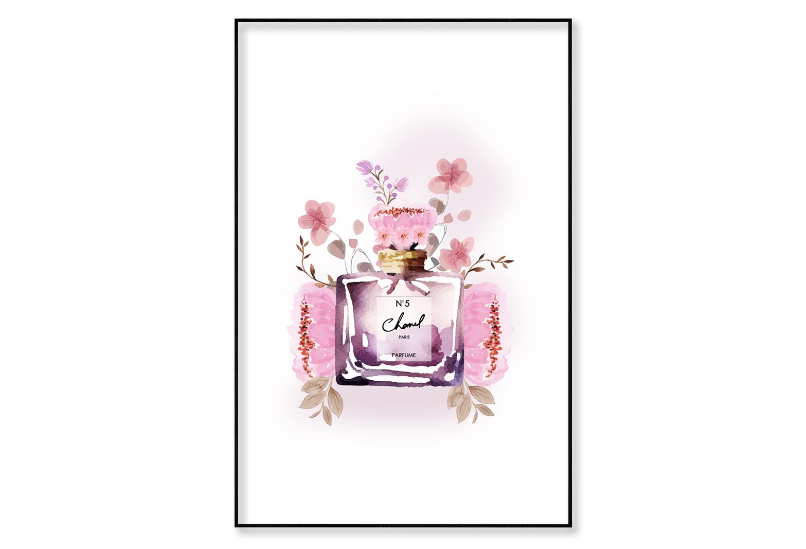 Perfume With Pink Flowers Wall Art Limited Edition High Quality Print Canvas Box Framed Black