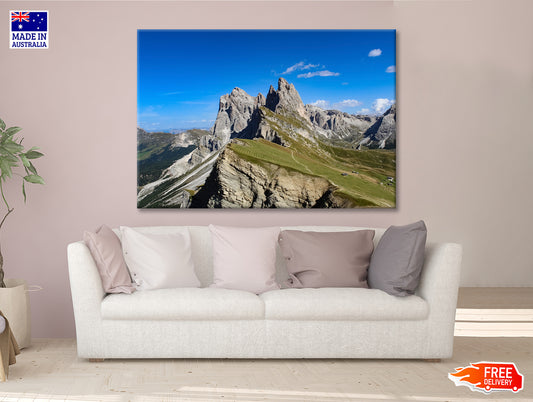 A Rocky Mountain with A Road in Grassy Areas Print 100% Australian Made