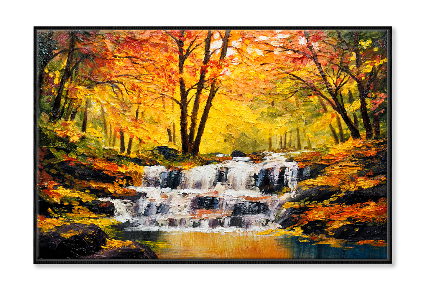 Waterfall In Autumn Forest Oil Painting Wall Art Limited Edition High Quality Print Canvas Box Framed Black