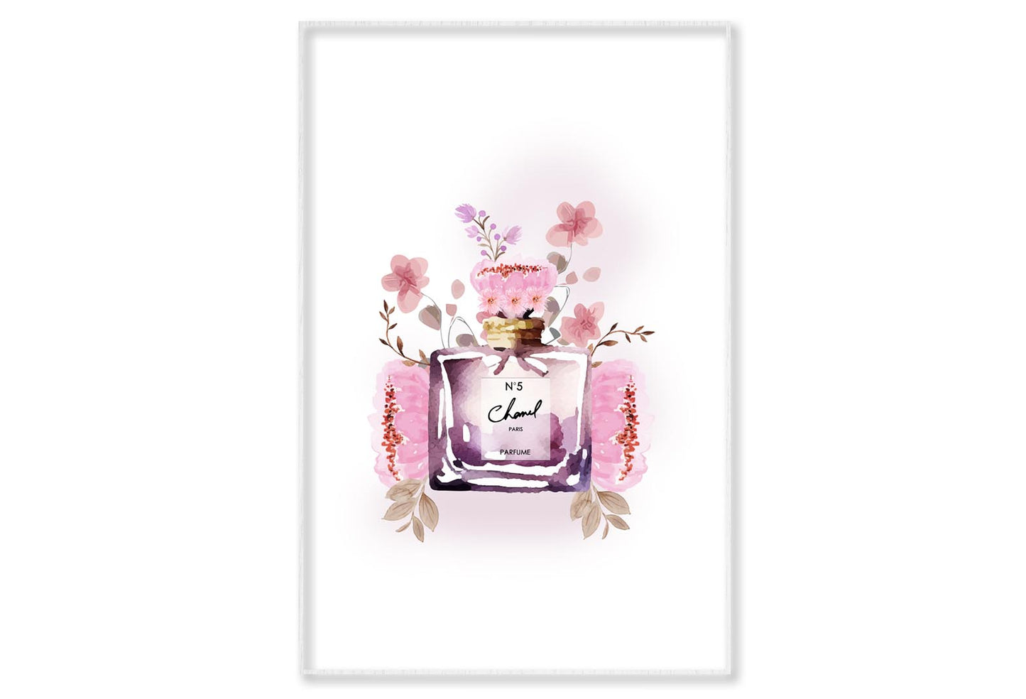 Perfume With Pink Flowers Wall Art Limited Edition High Quality Print Canvas Box Framed White