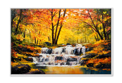 Waterfall In Autumn Forest Oil Painting Wall Art Limited Edition High Quality Print Canvas Box Framed White