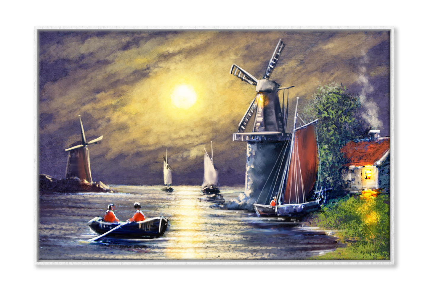 Windmill near Lake & Boats Night Sky Oil Painting Wall Art Limited Edition High Quality Print Canvas Box Framed White