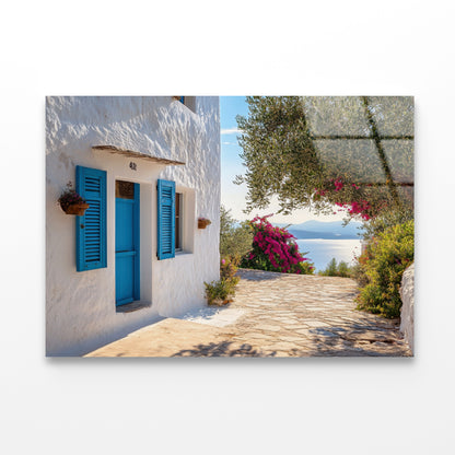 White Building with Blue Shutters Acrylic Glass Print Tempered Glass Wall Art 100% Made in Australia Ready to Hang