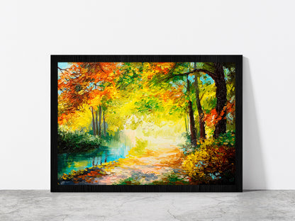 River In A Autumn Colorful Forest Glass Framed Wall Art, Ready to Hang Quality Print Without White Border Black