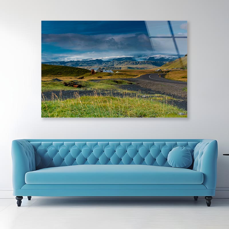 Green Grass Lands with Mountains Acrylic Glass Print Tempered Glass Wall Art 100% Made in Australia Ready to Hang