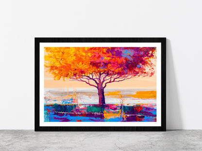 Orange Red Leaves With Large Tree Glass Framed Wall Art, Ready to Hang Quality Print With White Border Black