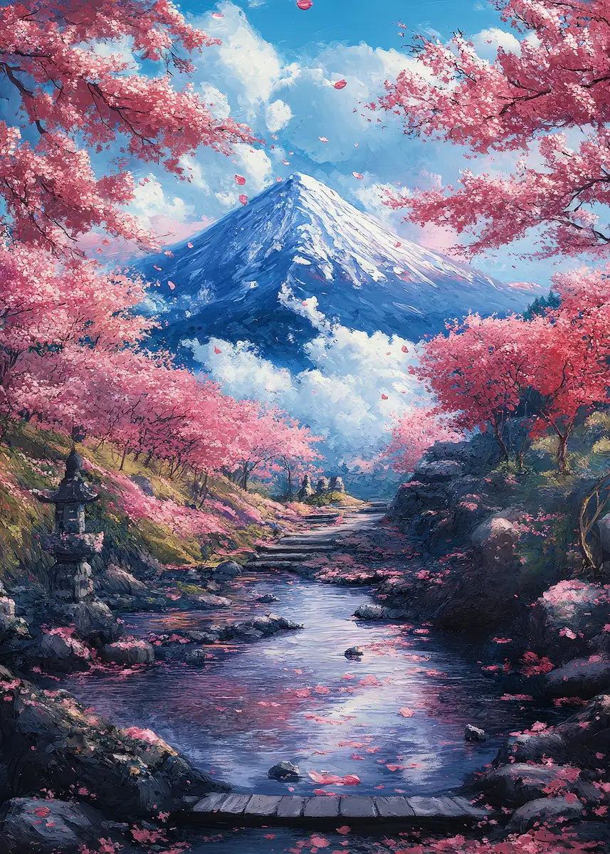 Fuji Mountain Pink Cherry Blossom Path 40x60cm Metal Print Ready to Hang