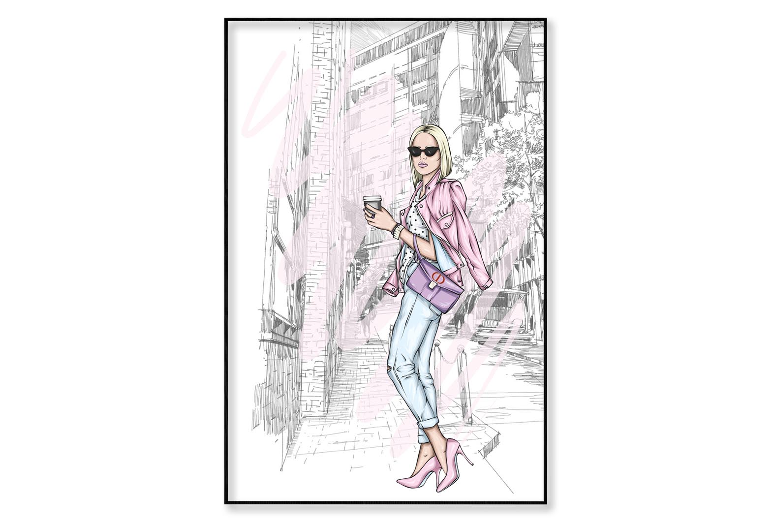 Pink Girl With Fashion Store Wall Art Limited Edition High Quality Print Canvas Box Framed Black