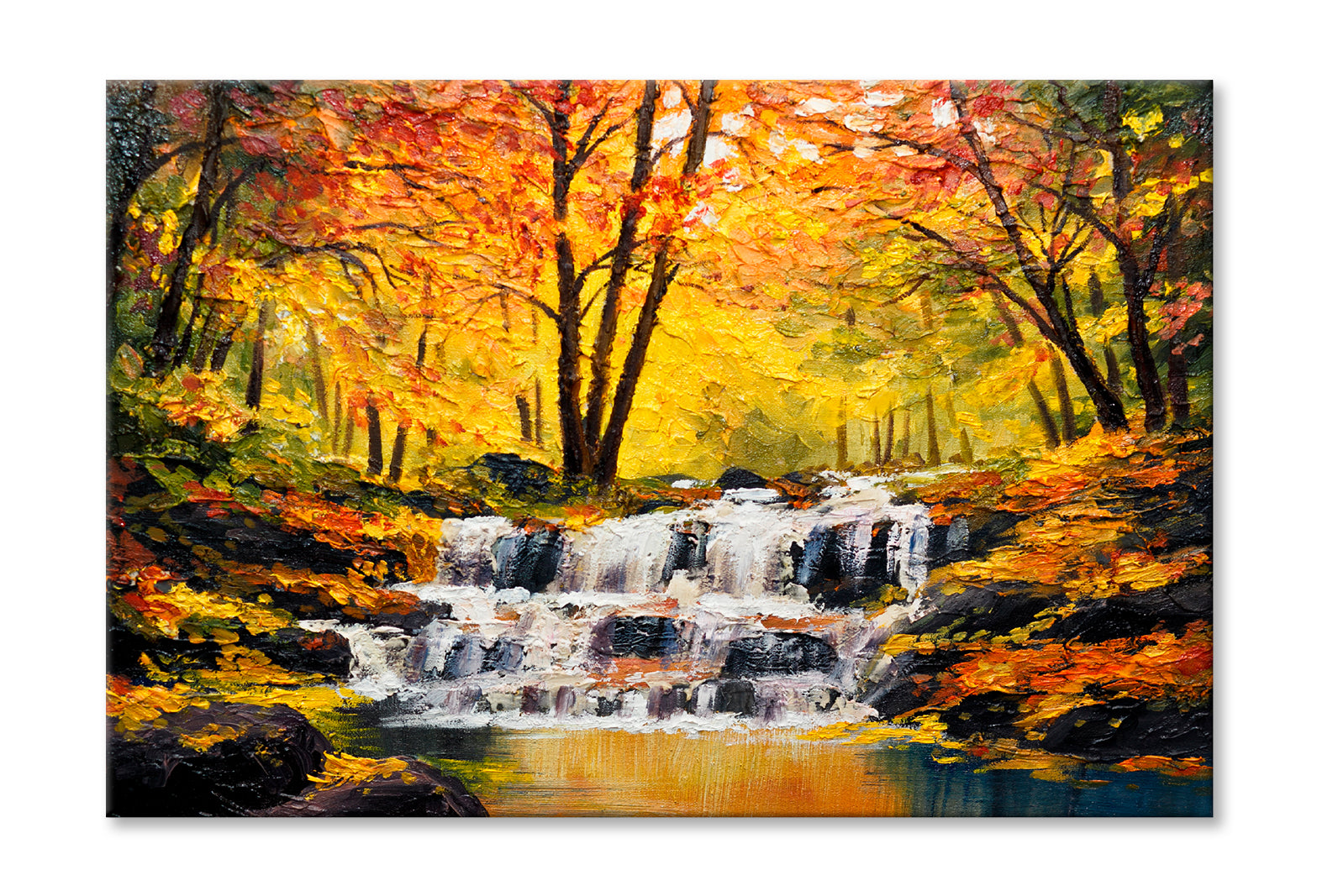 Waterfall In Autumn Forest Oil Painting Wall Art Limited Edition High Quality Print Stretched Canvas None