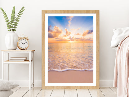 Sunset Sky Beach & Seawaves Photograph Glass Framed Wall Art, Ready to Hang Quality Print With White Border Oak