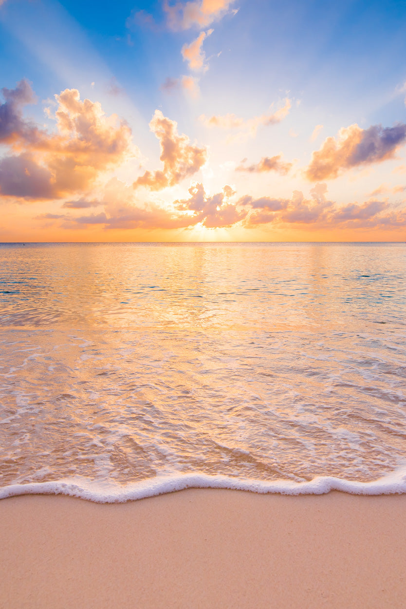 Sunset Sky Beach & Seawaves Photograph Glass Framed Wall Art, Ready to Hang Quality Print