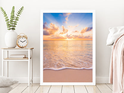 Sunset Sky Beach & Seawaves Photograph Glass Framed Wall Art, Ready to Hang Quality Print Without White Border White