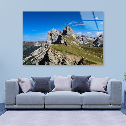 A Rocky Mountain with A Road in Grassy Areas Acrylic Glass Print Tempered Glass Wall Art 100% Made in Australia Ready to Hang