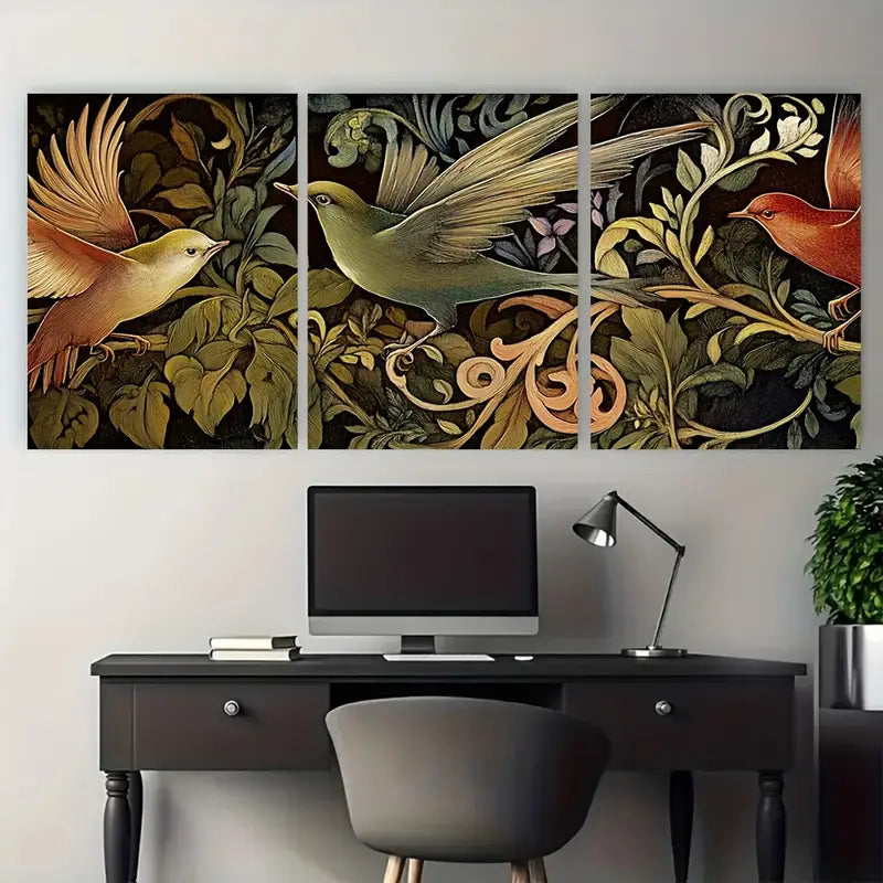 3pcs Victorian Bird Green Botanical Metal Print Ready to Hang Art