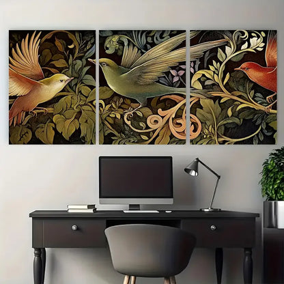 3pcs Victorian Bird Green Botanical Metal Print Ready to Hang Art