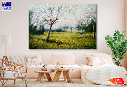 Spring Blossom Tree on Green Grass Field Painting Wall Art Limited Edition High Quality Print