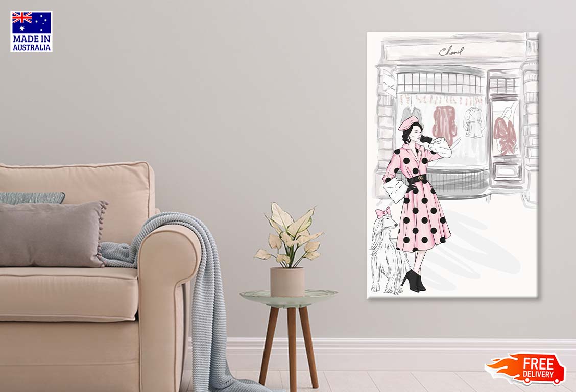 Pink Lady With Her Dog Fashion Art Print 100% Australian Made