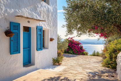 White Building with Blue Shutters Home Decor Premium Quality Poster Print Choose Your Sizes