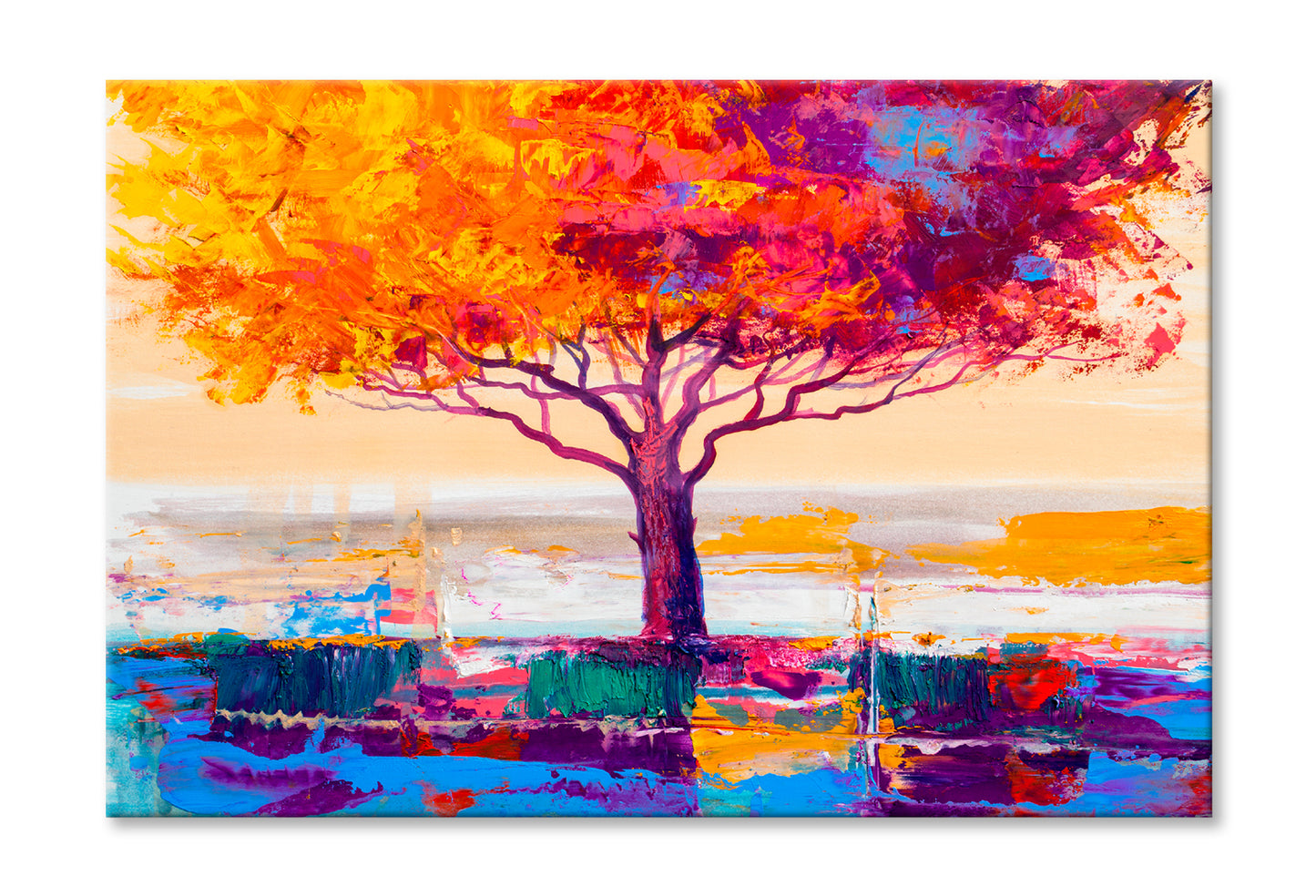 Orange Red Leaves With Large Tree Oil Painting Limited Edition High Quality Print Stretched Canvas None