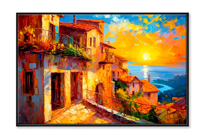 Mediterranean Coastal Town Oil Painting Wall Art Limited Edition High Quality Print Canvas Box Framed Black