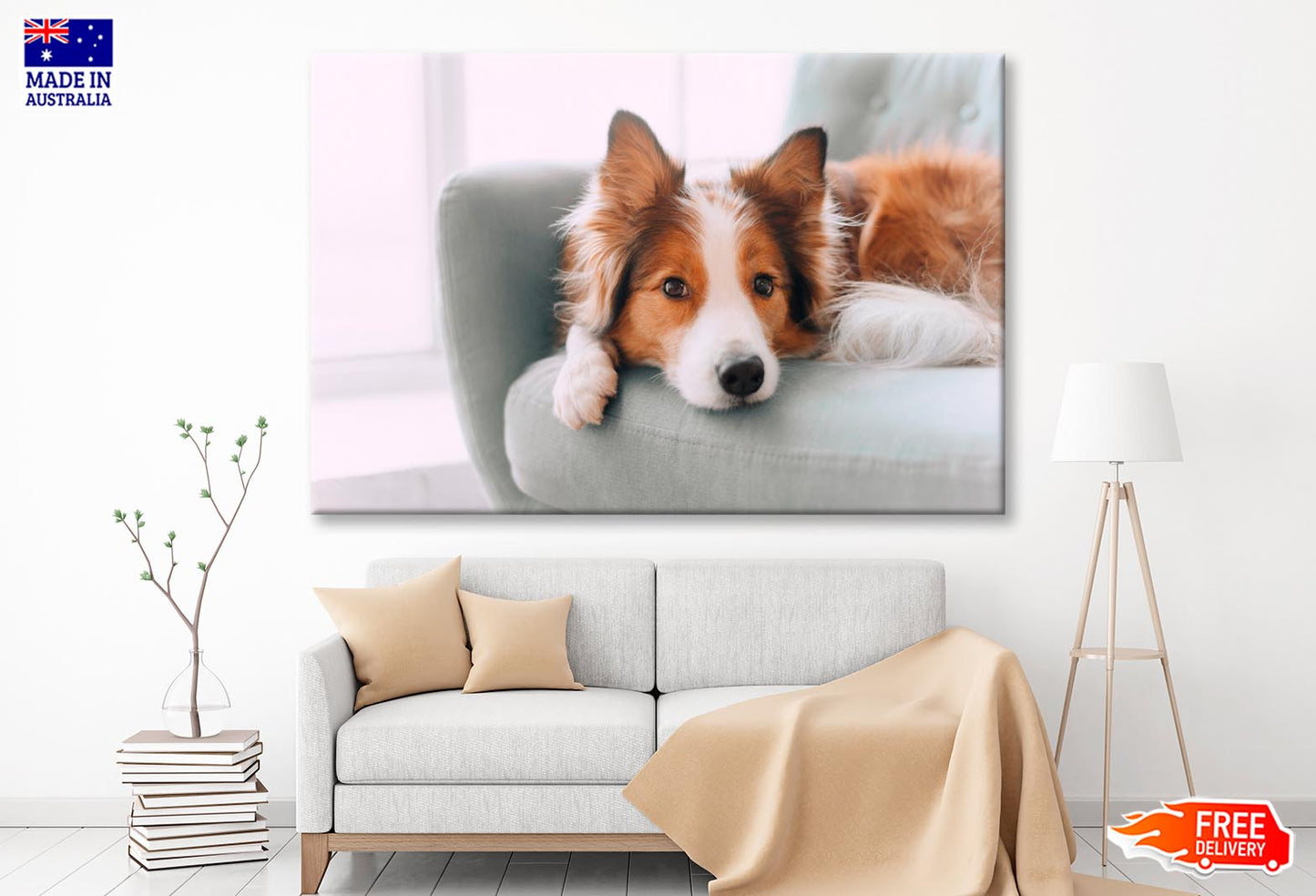 Dog Is Laying on A Blue Chair Wall Art Decor 100% Australian Made