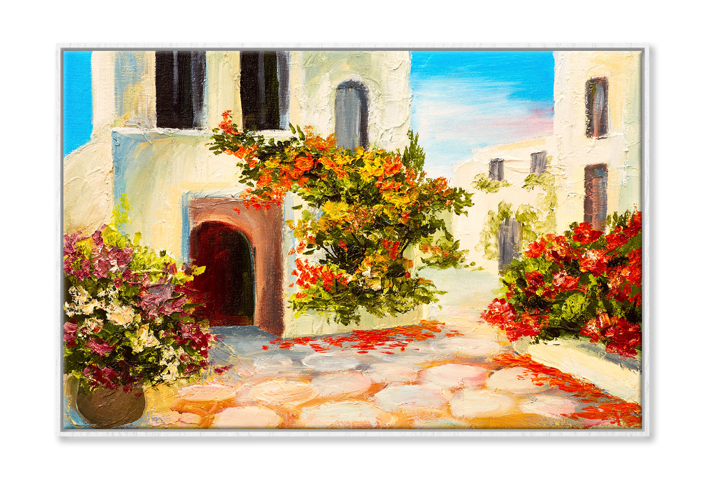 Flower Plants near House & Blue Sky Oil Painting Wall Art Limited Edition High Quality Print Canvas Box Framed White